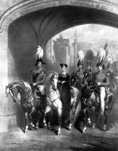 Queen Victoria passing out of Windsor Castle in 1838 on her way to a Royal Review