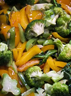 Healthy Prints: Quickly stir fried, mixed vegetables in the pan credit: Marie-Louise Avery / thePictureKitchen