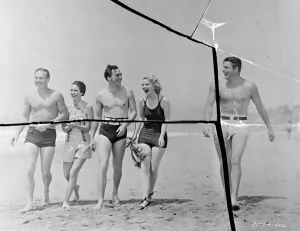 Quintet of Hollywoods best known actors, in the briefest of bathing attire, going