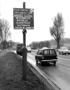 Vauxhall And Lambeth Prints: An RAC sign warning of bridge closures on the day of the State Funeral of Sir Winston