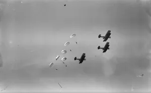 Display Prints: RAF Pageant at Hendon. Six parachutists leaving three RAF Vickers Vimy bombers