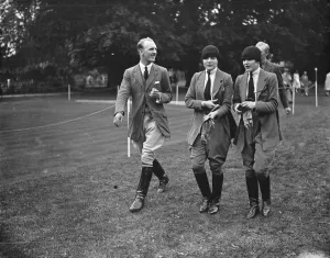 Sportswomen Prints: Ranelagh mounted sports. Mr Kleinwart and the Misses Schofield. 1926