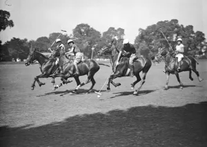 Polo Prints: Ranelagh- Play in progress in in the ladies match Oddments versus Valkyrie