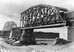 Reconstruction of Poland A newly constructed railway bridge crossing the river Niemen