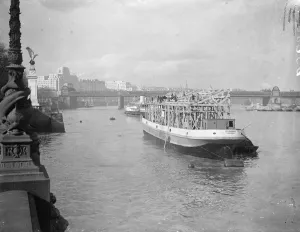 Red white and blue Coronation barge