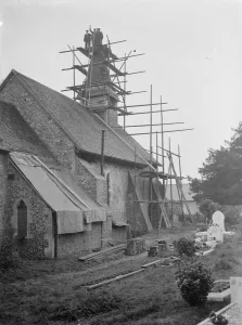 Repairing the roof and spire at Hartley Parish Church in Foots Cray, Kent 1937