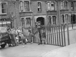 London Life Prints: Residents of a street in Plumstead stage a small demonstration in reaction to how