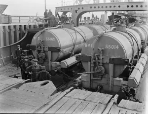 Workers Prints: Richborough Train Ferry on the east coast of Kent showing steam engines being transported