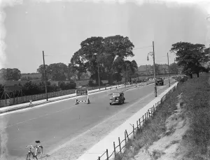 Bicycle Prints: Road safety island under construction in Eltham, Kent. 1939