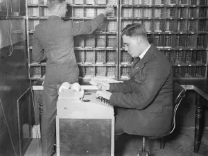 Robot sorter being tested by the post office at Brighton. Work speeded up three times