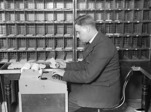 Robot sorter being tested by the post office at Brighton. Work speeded up three times