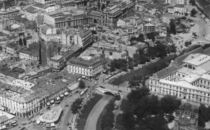 Rooftops Prints: Romania, Bucharest. An aerial view between the River Dambovitsa and the end of