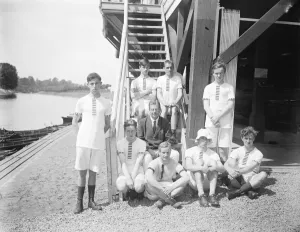 Disabled Prints: Rowing. Worlds only blind crew of eight practice on the River Severn. 25 July 1923