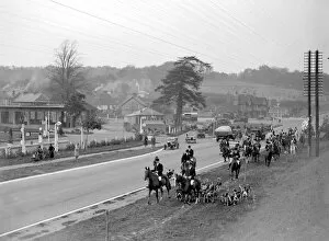 Dogs Collection: Royal Artillery (RA) drag hunt at Green St Green, Kent, is moving off. 1934