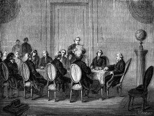 Meeting Prints: The Royal Society, London. Joseph Banks reads the letter from Volta announcing