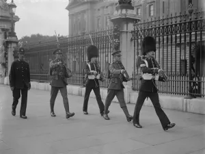 Royal Sussex regiment take over guard duties at Buckingham Palace. The old
