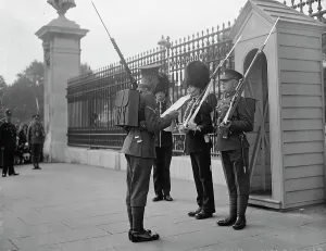 Royal Sussex regiment take over guard duties at Buckingham Palace. The relief