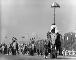 Flags Prints: Royal Tour of India. In Delhi, along the Rajpath, a convoy of magnificently decked