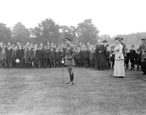 Royal visit to Bedford. His Majesty addressing the Boys At Bedford School. 27 June 1918
