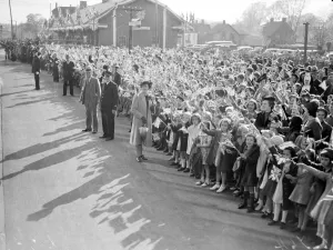 The Royal visit to Canada. A general view from the train showing Canadian schoolchildren