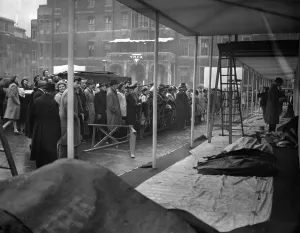 Spectators Prints: Royal Wedding. Interested crowds outside Westminster Abbey watch the canopy being