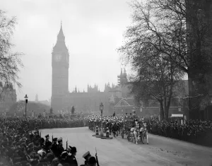 London Prints: Royal Wedding. The Irish State Coach seen approaching Westminster Abbey with Big