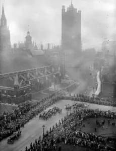 London Prints: Royal Wedding. The Irish State Coach seen in Parliament Square approaching Westminster Abbey