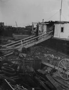 Riverbank Prints: Rubbish, flotsom and debris on the shoreline at Gravesend Reach. 1938