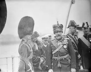 Romania Prints: The Rumanian Royal visit. The Prince of Wales receiving the King and Queen of Rumania