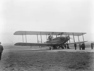 Safer air mail, huge machine with three motors. Sir Eric Geddes accepts at Croydon