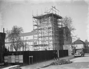 Church Prints: Scaffolding around the newly built, St Francis of Assisi Church at West Wickham. 1936