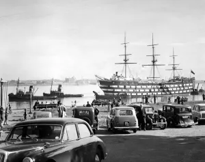 The Scene on the Riverside at Greenhithe Kent as HMS Worcester left for dry dock