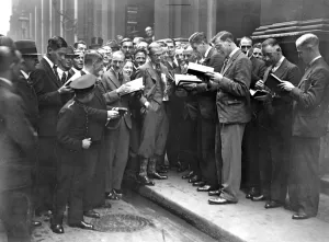 Scenes of excitement outside on the first occasion of Saturday Business since the war