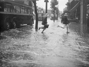 Weather Prints: Schoolchildren running through the floods at the junction of Forest Road and Chingford