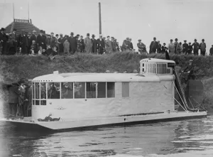 Seaplane tender undergoes trials on the vilvorde canal, Belgium. 26 September 1925