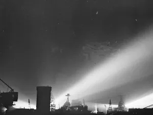 Searchlight display in honour of Royal wedding at Portsmouth