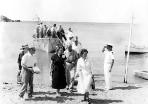 Seen landing at Sounion from the liner Argamemnon, in which members of European