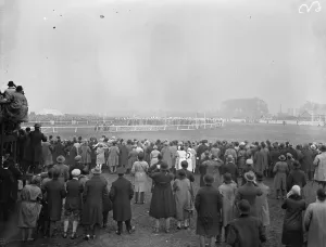 Sensational Grand National. Spectators looking in the mist at the start. 30 March