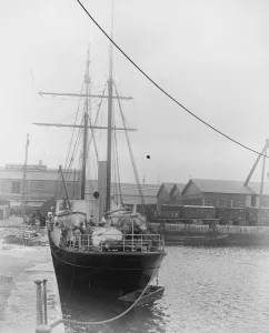 Shackleton - Rowett Expedition sails for the Antarctic. The Quest in dock in London