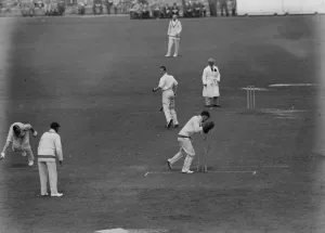 Shattering the wicket. Stan Nichols, the Essex batsman, was nearly run out when