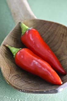Vegetable Collection: Shiny red chilli peppers in big wooden spoon credit: Marie-Louise Avery / thePictureKitchen