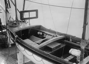 Apparatus Prints: A ships lifeboat fitted with Marconi apparatus. The rectangular frame on top of