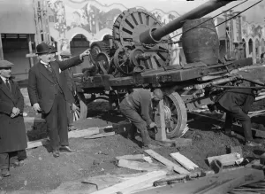 Showman MP directs his own workmen at Wembley. Mr Pat Collins, the showman MP