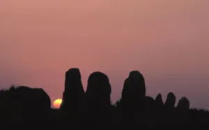 Celtic Prints: Silhouette of the Carnac landscape: alignments of menhirs at sunrise