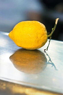 Yellow Collection: Single yellow lemon on stainless steel counter credit: Marie-Louise Avery / thePictureKitchen