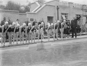 Sir E H Pelham at the opening of the new swimming baths in Crayford, Kent