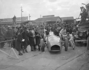 Racing Prints: Sir Malcolm Campbell in cockpit of his car Bluebird at Brooklands track Easter Monday