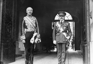Sir Robert Clive, new British Ambassador (left), leaving with general Dubois after