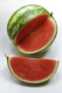 Green Prints: Small watermelon on white surface with quarter cut out showing red flesh credit