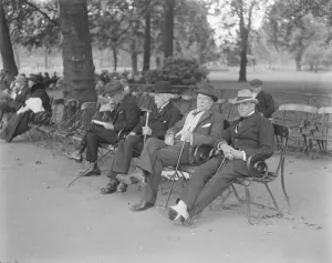 Society In the park Right to left, Mr Shaw, Lord Mersey and Major Lyle in